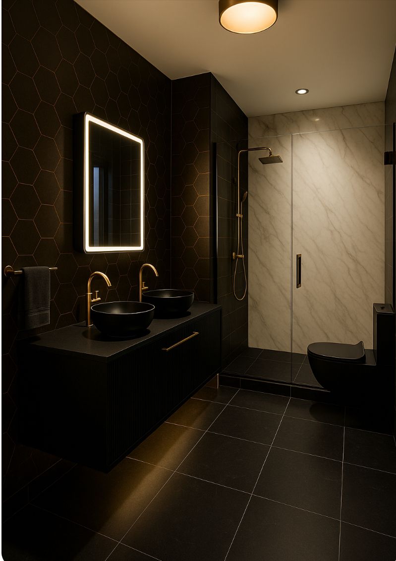 Luxury bathroom renovation - double vanity with gold faucets